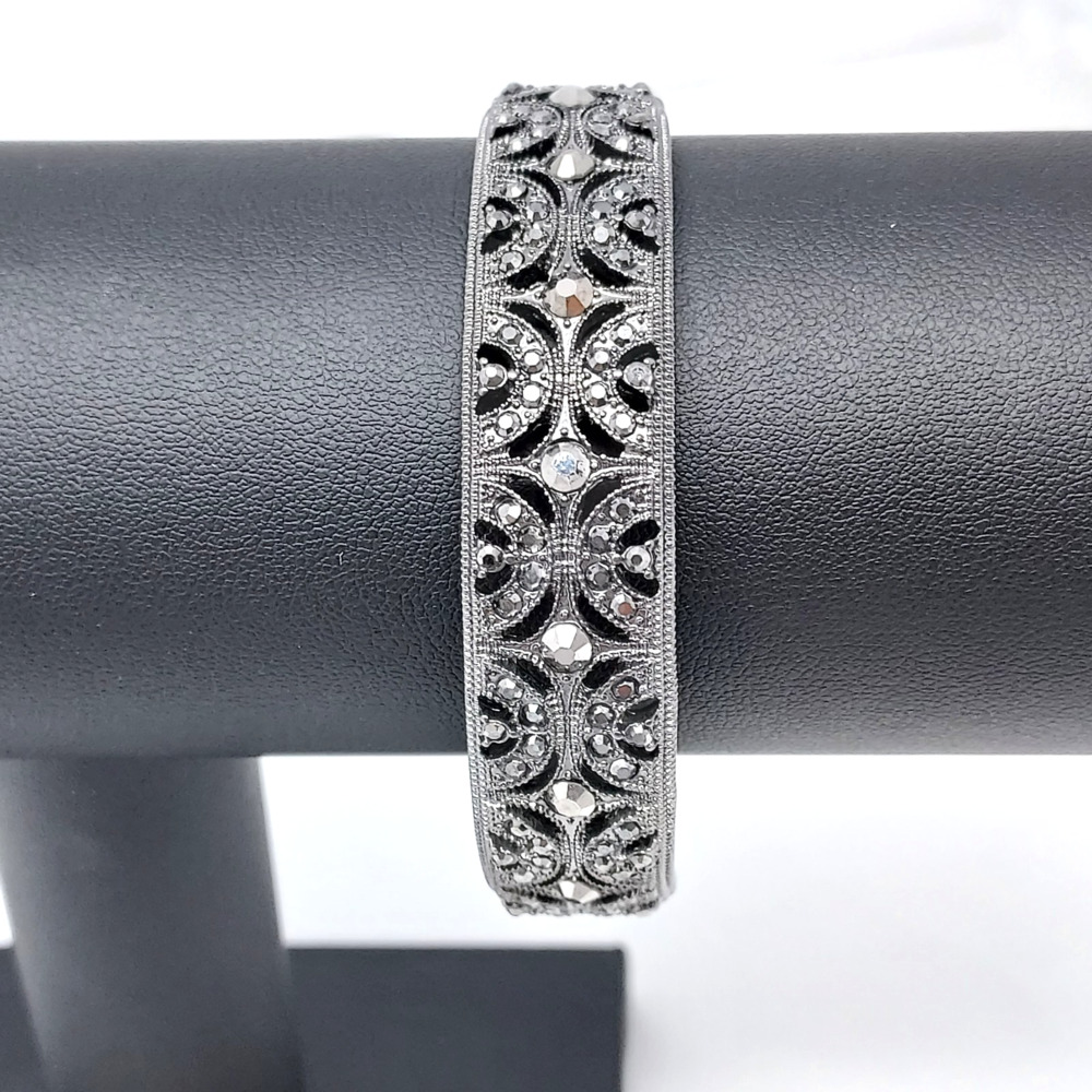 Vintage Monet Marcasite Gunmetal Hinge Clamper Oval 2.5" Signed NOS Orig Box
